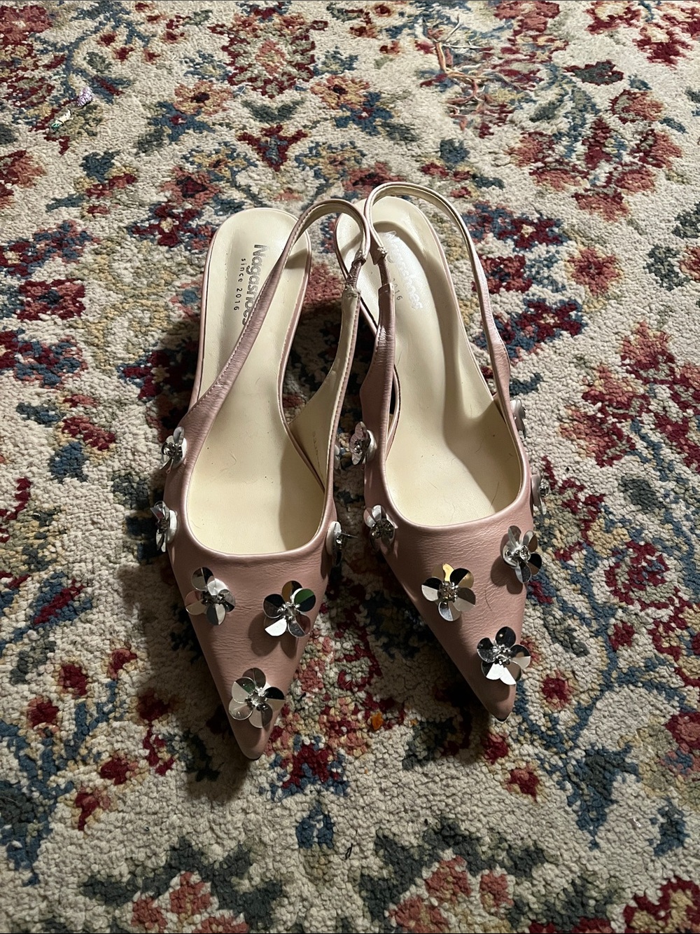 Pink Leather Pointed Slingback Pumps with Floral Studs
